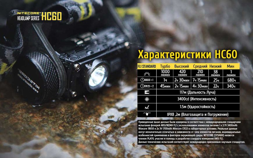 Ліхтар налобний Nitecore HC60 (Cree XM-L2 U2, 1000 люмен, 8 режимів, 1x18650, USB) 3305 фото