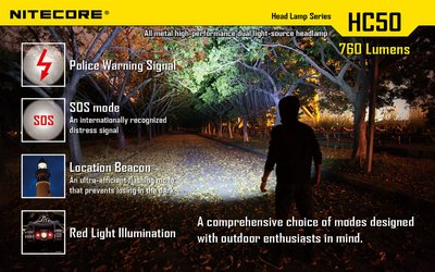 Ліхтар налобний Nitecore HC50 (Cree XM-L2, 760 люмен, 10 режимів, 1x18650) 3414 фото