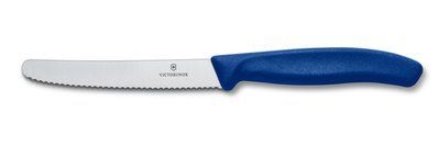 Кухонний ніж SwissClassic Tomato&Sausage 11см закругл. ніс, хвиль. з син. ручкою 48707 фото