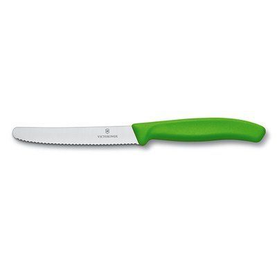 Кухонний ніж SwissClassic Tomato&Sausage 11см закругл. ніс, хвиль. із зел. ручкою 48711 фото